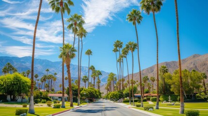 A picturesque street lined with tall palm trees on both sides, with a clear blue sky and striking mountains in the background, capturing a serene and peaceful suburban setting.