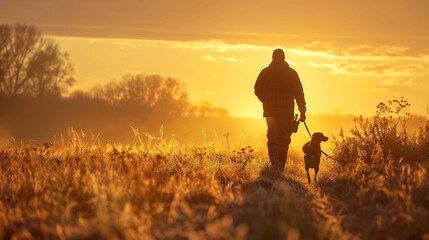A hunter with his hunting dog walking in a field during the fall at golden hour. A bird dog and his master silhouetted against the sun.