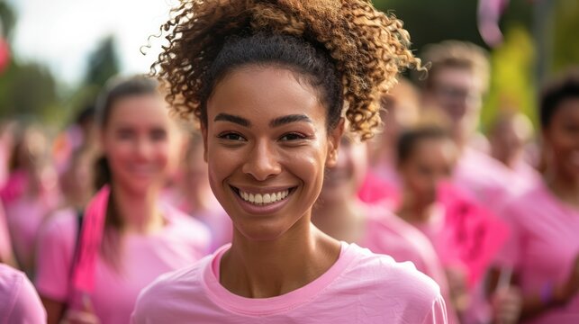 Charity walk or run with participants in pink T-shirts, Breast Cancer Awareness Day