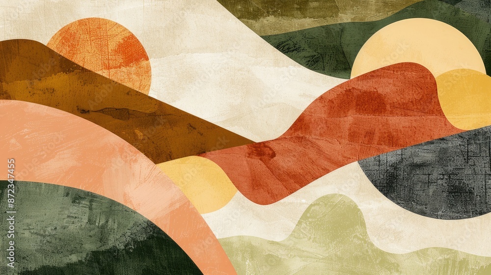 Poster abstract geometric art with earthy hues, featuring curved and angular shapes in a modern composition