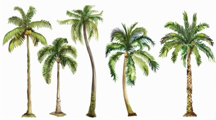 Five watercolor illustrations of palm trees displayed on a white backdrop, each tree showcasing unique and detailed foliage, trunks, and overall structure.