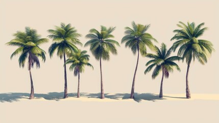 Six lifelike palm trees are lined up, casting shadows on the sandy ground, represented in a realistic depiction showing various heights and shapes suitable for a beach setting.