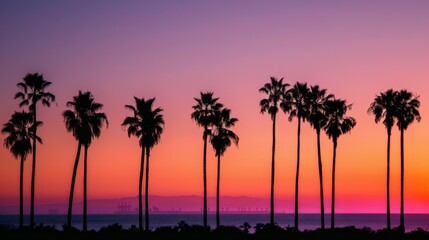 Obraz premium The image displays tall palm trees silhouetted against a vibrant sunset sky, with the ocean in the background, capturing the tranquil beauty of a coastal evening.