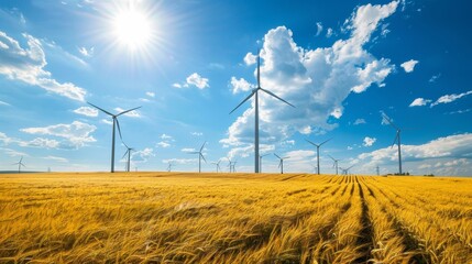 Sunny day landscape with modern wind turbines in a vibrant yellow wheat field under the sun