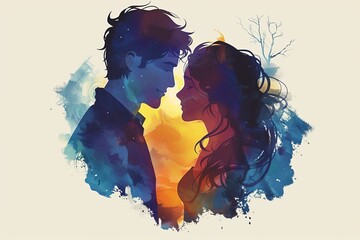 Silhouetted profiles of a couple with heart shapes digital illustration capturing love and connection in a vibrant design