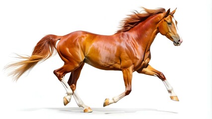 red horse with the three white legs and white line on the face isolated on white background runs