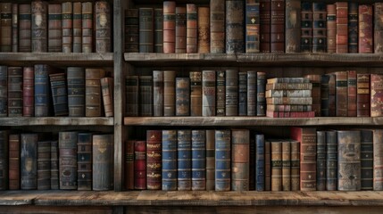 Vintage books displayed on rustic wooden shelves, emanating a sense of literary charm and history, preserved in a serene, ambient setting for book enthusiasts.