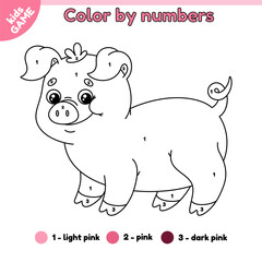 Kids game Color by numbers with cartoon farm pig. Page of the coloring book with cute big hog. Activity book for preschool and school children. Outline vector illustration of the funny farm animal.