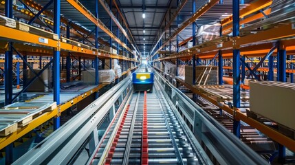 Fototapeta premium A blue automated cart travels along a conveyor system in a large warehouse, surrounded by tall orange shelves.