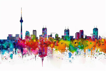 Obraz premium Berlin skyline in watercolor. Colored graffiti-esque, splatter paintings, bold colours, white background, spectacular backdrops