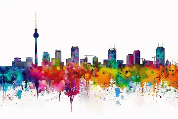 Berlin skyline in watercolor. Colored graffiti-esque, splatter paintings, bold colours, white background, spectacular backdrops