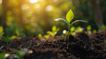 Green seedling in fertile soil with light in background. Concept of new life and growth