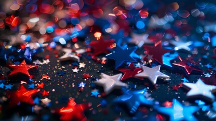 A vibrant composition featuring red, blue, and white metallic stars scattered on a surface, giving a patriotic and festive vibe captured through macro photography.