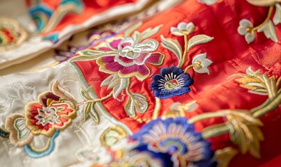 close-up of red embroidered fabric with blue flowers, blurred background highlighting details and techniques, bright colors creating elegant atmosphere, intricate patterns and textures