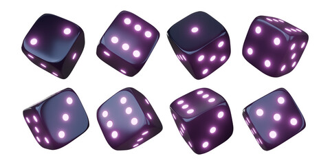 Casino gambling game dice. Iridescent dice with neon colors. Purple dice. 3d render