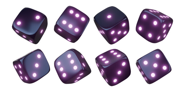 Casino gambling game dice. Iridescent dice with neon colors. Purple dice. 3d render