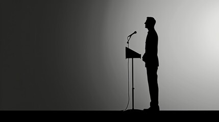 A silhouette of a man giving a speech at a podium, captured in a minimalistic style with a gradient background, emphasizing the solemnity of the moment.