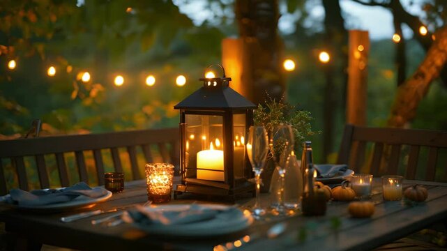 The warm glow of lanterns and candles setting the mood for a cozy outdoor meal.