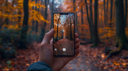 A hand holds a smartphone capturing a scenic autumn forest path with orange leaves, displaying the same view on its screen, creating a vivid contrast between the device and the surrounding natural bea