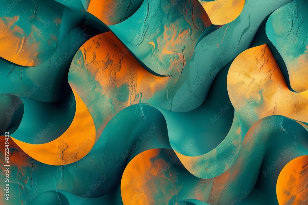 Poster An abstract image displaying wavy patterns in blue and orange hues, capturing a sense of movement and fluidity with a modern artistic expression that is visually intriguing.