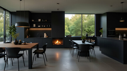 Fototapeta premium Beautiful open plan matte black kitchen and dining area