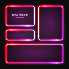 Glowing neon banners, illuminated colorful square frames. Shiny vibrant border, glow effect. Red vintage retro lights, night illumination. Modern futuristic UI design elements. Vector illustration