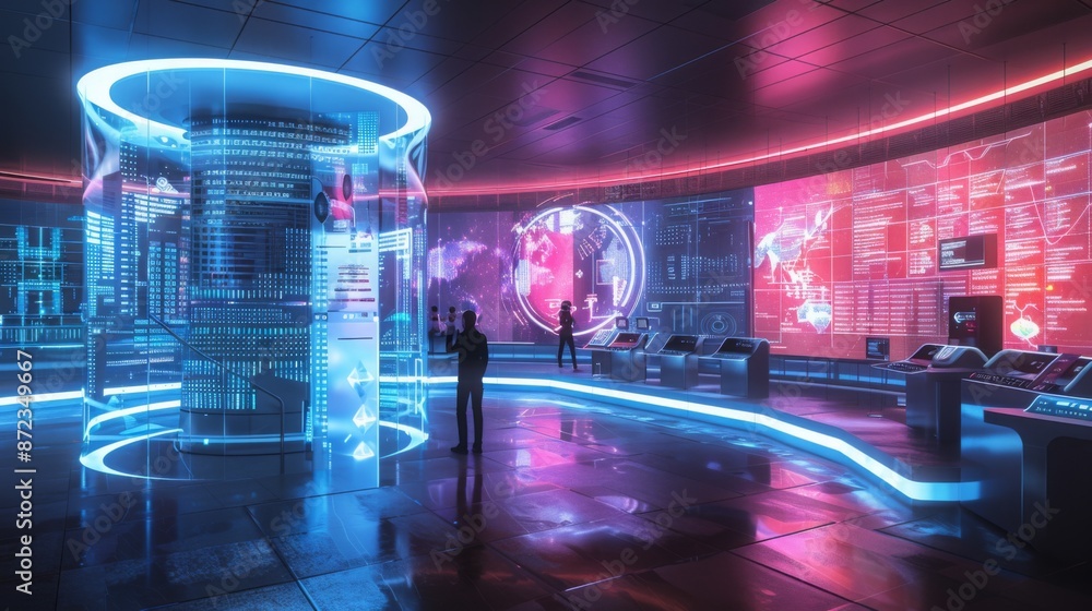 Aufkleber Two figures stand in a futuristic control room, surrounded by glowing digital displays showing data and maps.