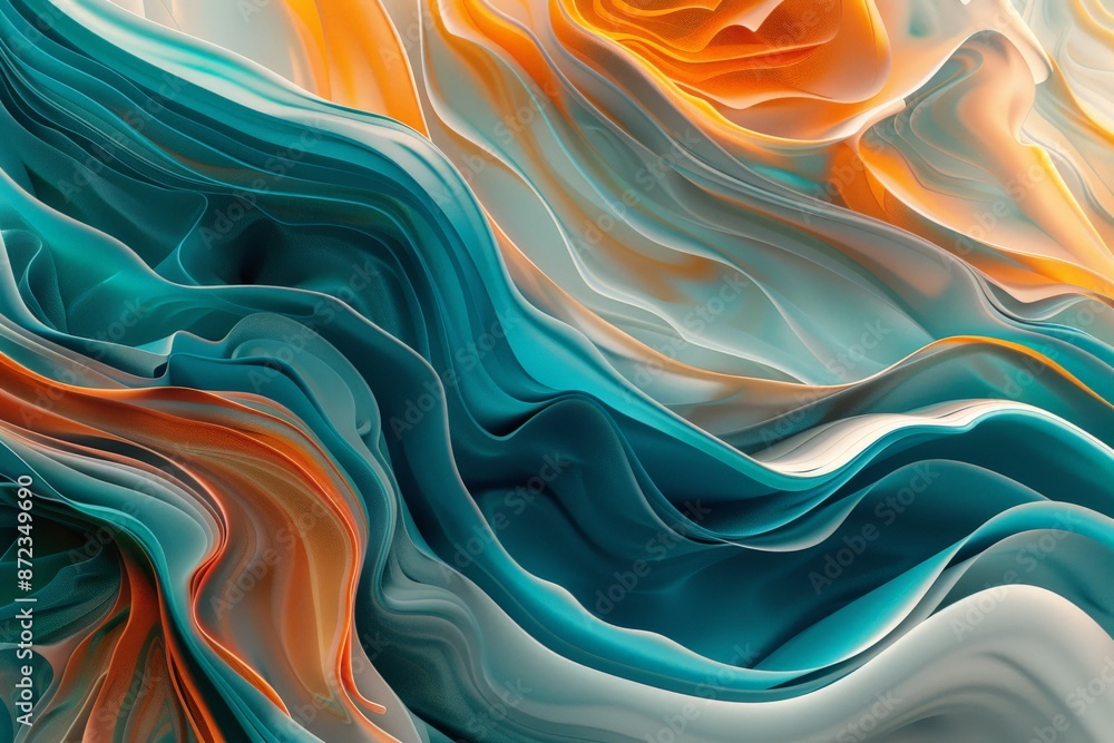 Poster an abstract art piece showcasing fluid waves in vibrant teal, orange, and white colors that blend se