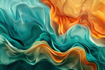 Fototapeta premium Abstract art showcasing soft flowing layers in teal and orange hues, blending delicacy with vibrant energy, perfect for modern interiors seeking a harmonious blend of elegance and creativity.