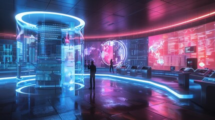 Two figures stand in a futuristic control room, surrounded by glowing digital displays showing data and maps.