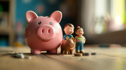 Piggy Bank Family Scene on Desk Teaching Financial Education