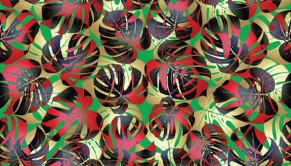 Naklejka premium Monstera palm leaves exotic tropical seamless print. Palm leaves, pink plumeria flower,hibiscus blossom, exotic tropical summer flowers and leaves.