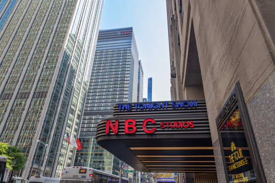 Cityscape view of the Tonight Show NBC Studios marquee, along Sixth Avenue in midtown Manhattan, on June 18, 2024 in New York City, New York.