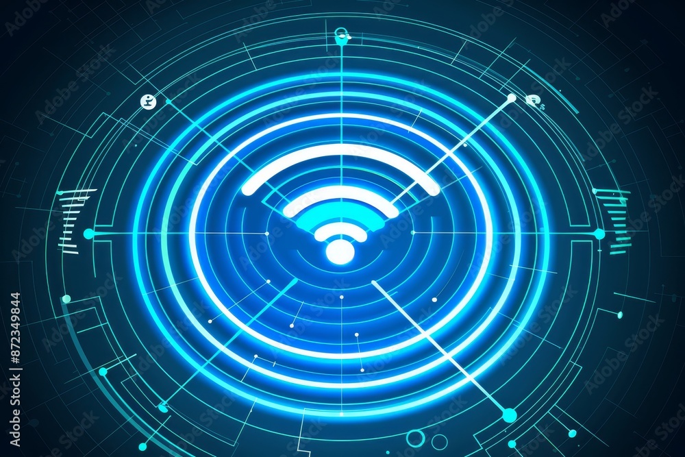Poster glowing blue wifi signal icon, representing modern digital connectivity and wireless internet techno