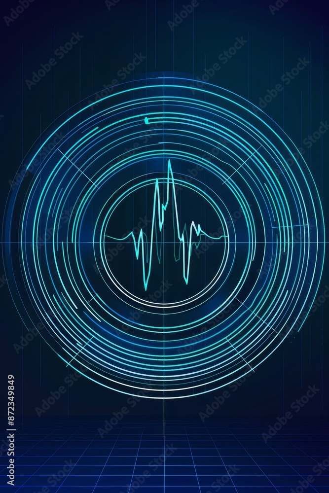 Poster Abstract digital pulse representation in blue, showcasing futuristic technology and dynamic frequency waves with a high-tech design