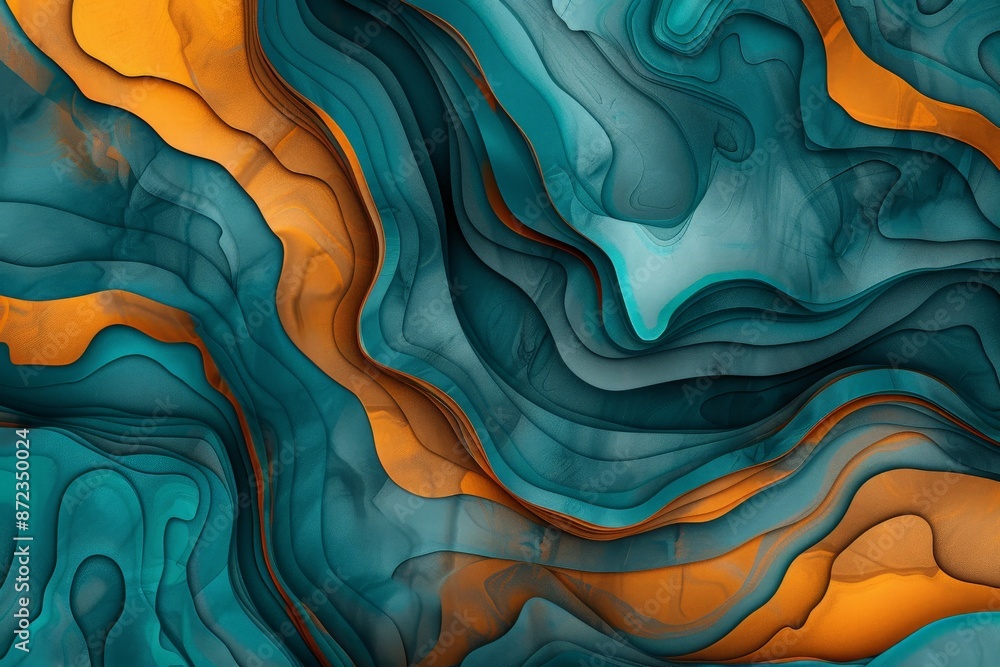Poster A mesmerizing fluid abstract pattern in vivid shades of teal and orange, with flowing lines and a sense of depth, conveying tranquility and artistic expression.