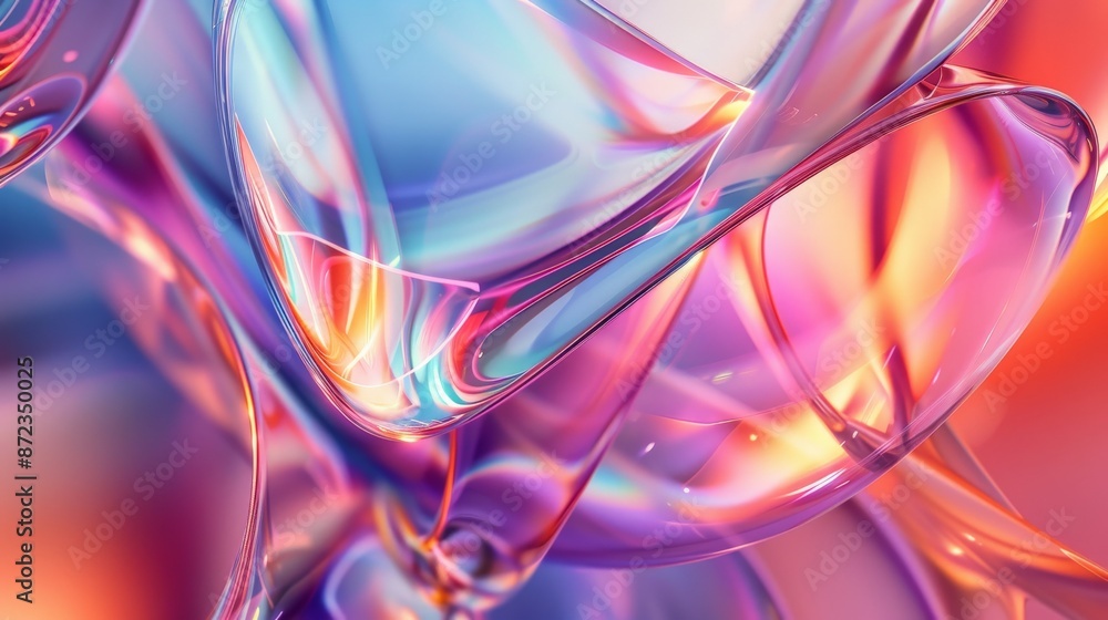 Poster vibrant abstract glass structure in pink, blue, and orange hues, characterized by smooth and curving