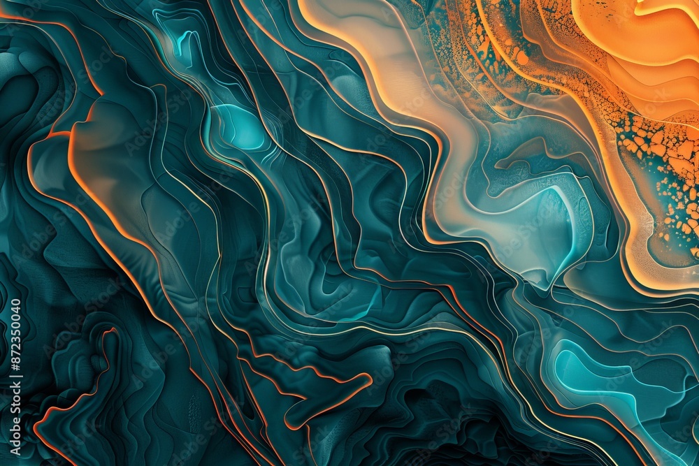 Poster Dynamic abstract composition featuring fluid, flowing lines in teal and orange, evoking a sense of motion and energy with layered depth and contemporary style.