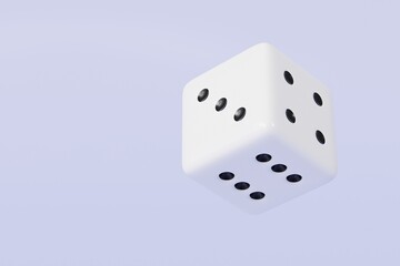 3d Rolling dice icon isolated on purple background. White roll cubes for gamble games concept, casino token concept. 3d dice cube icon. 3d render.