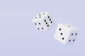 3d Rolling dice icon isolated on purple background. White roll cubes for gamble games concept, casino token concept. 3d dice cube icon. 3d render.