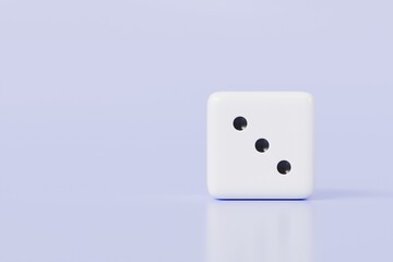 3d Rolling dice icon isolated on purple background. White roll cubes for gamble games concept, casino token concept. 3d dice cube icon. 3d render.