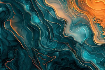 Obraz premium Dynamic abstract composition featuring fluid, flowing lines in teal and orange, evoking a sense of motion and energy with layered depth and contemporary style.