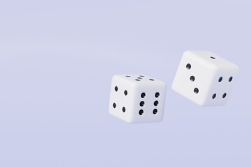 3d Rolling dice icon isolated on purple background. White roll cubes for gamble games concept, casino token concept. 3d dice cube icon. 3d render.
