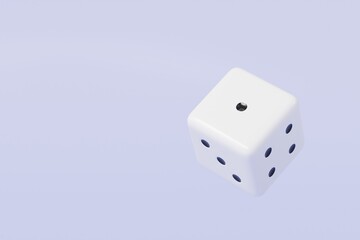 3d Rolling dice icon isolated on purple background. White roll cubes for gamble games concept, casino token concept. 3d dice cube icon. 3d render.