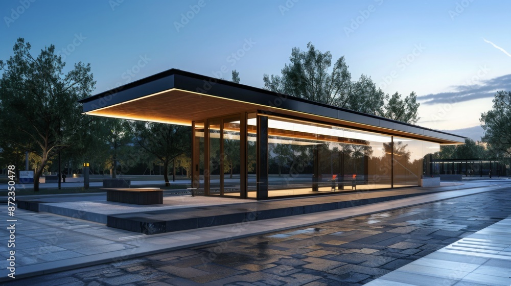 Aufkleber A glass pavilion with warm lighting and open space sits in a park at dusk. Large windows provide views of trees and a walkway.
