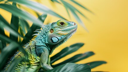 Fototapeta premium World Lizard Day. Green lizard on a yellow background. Horizontal banner, free space for text. Concept of wildlife protection, animal protection. Studying nature's biodiversity
