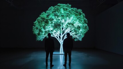 A conceptual art installation showcases digital trees that respond to visitors presence by projecting otherworldly visuals and emitting soothing