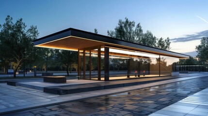 Fototapeta premium A glass pavilion with warm lighting and open space sits in a park at dusk. Large windows provide views of trees and a walkway.