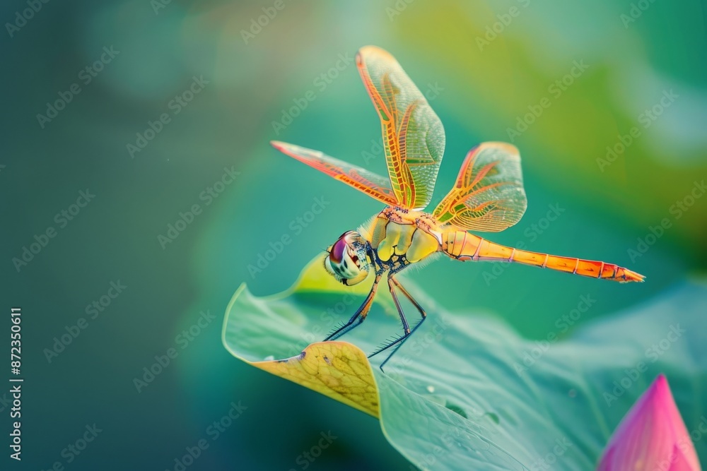Poster an orange dragonfly resting on a leaf in a serene natural environment, capturing the delicate elegan