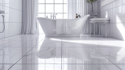 White ceramic tiles in bathroom flooring.